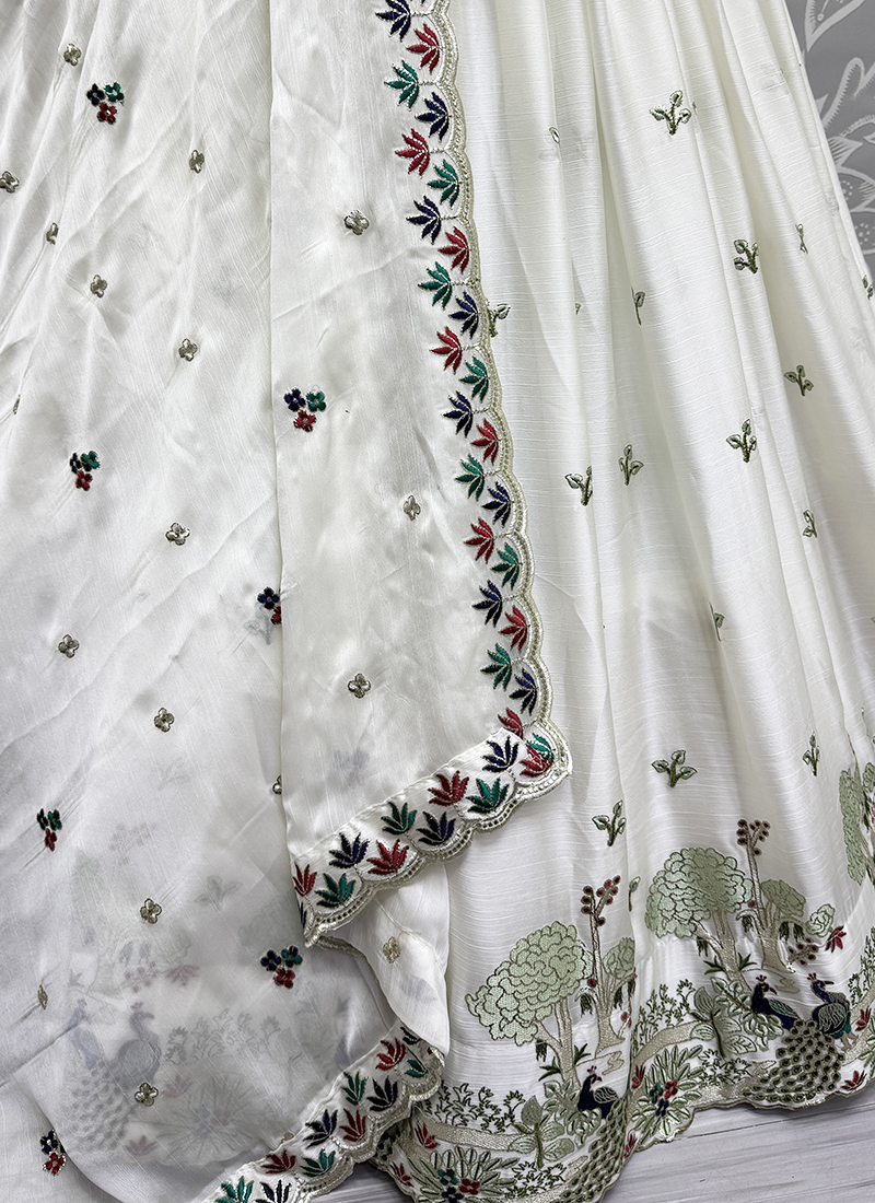 Off-White Pure Cotton Embroidery Work Lehenga Choli with Koti